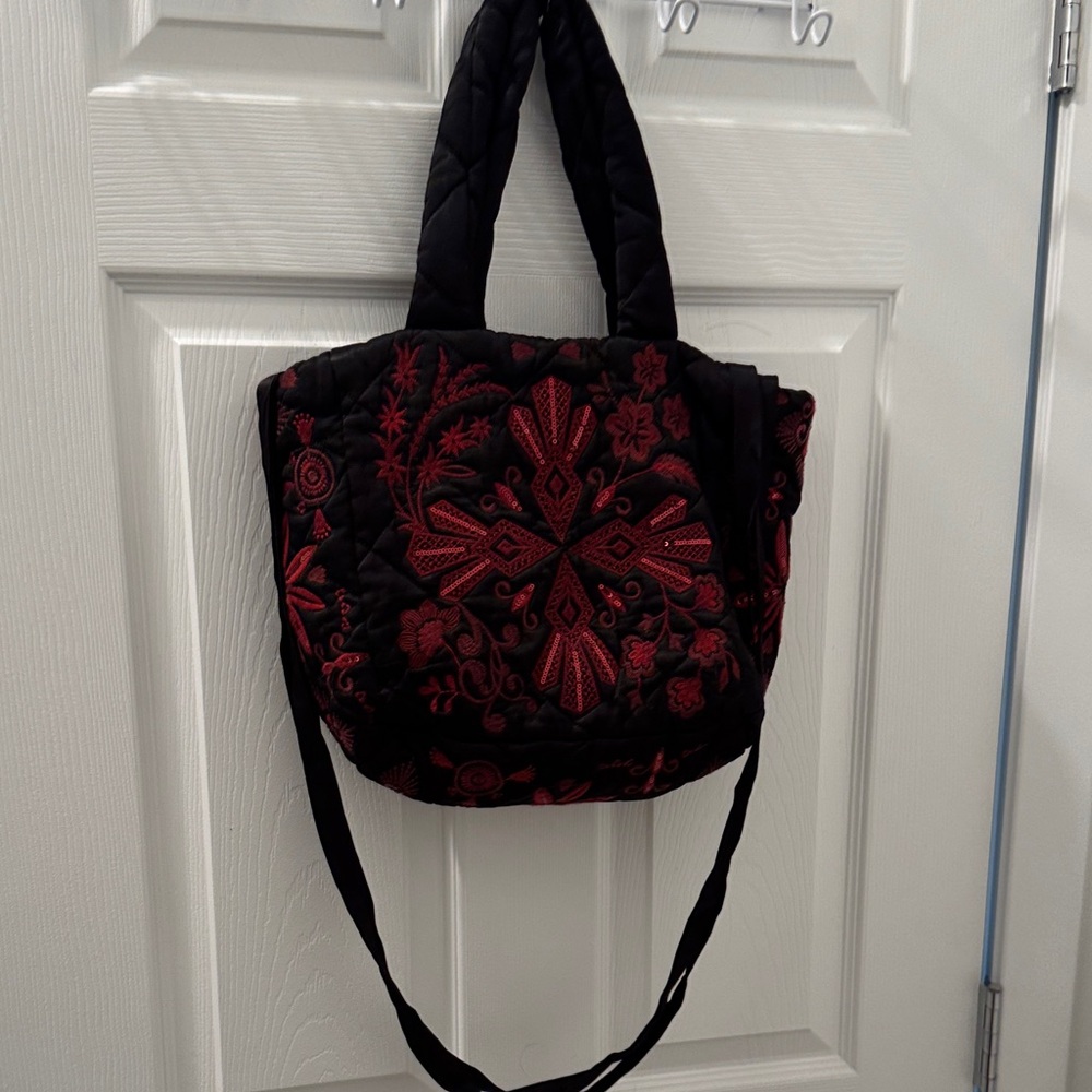 Black Quilted Tote with Red Floral Embroidery